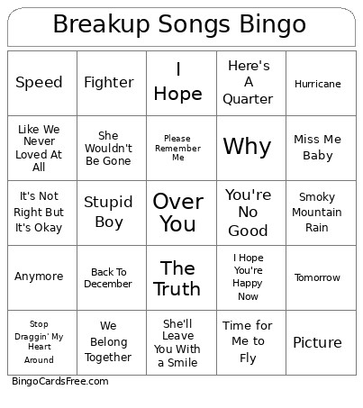 Breakup Songs Bingo Card
