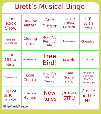 Brett’s Musical Bingo Card