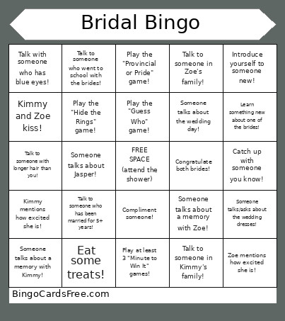 Bridal Bingo Card