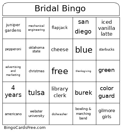 Bridal Bingo Card