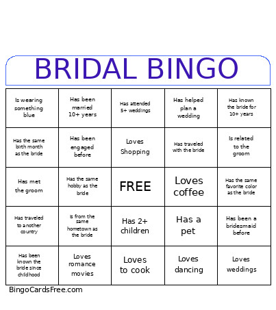 Bridal Bingo Card