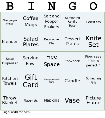 Bridal Bingo Card