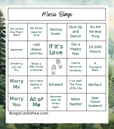 Bridal Music Bingo Card