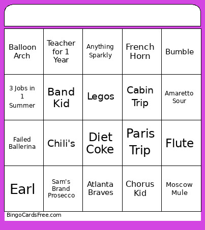 Bridal Showe Bingo Card