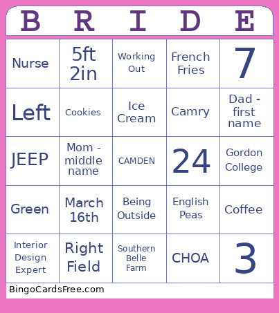 Bridal Shower Bingo Card