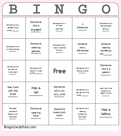 Bridal Shower Bingo Card