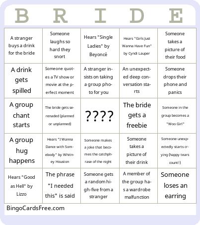 Bride Bingo Cards Free Pdf Printable Game, Title: BRIDE