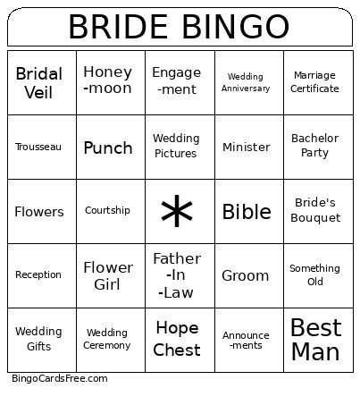 BRIDE Bingo Card