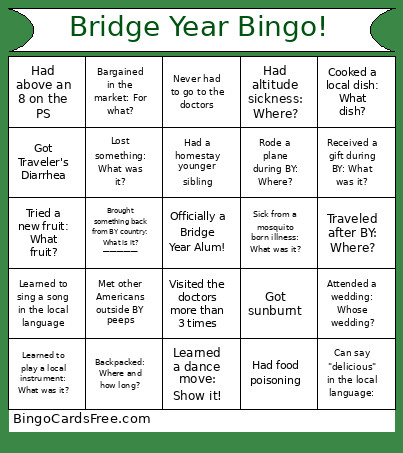 Bridge Year ! Bingo Card