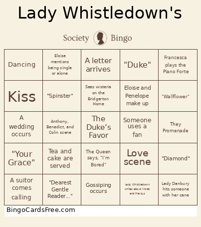 Bridgerton Bingo Card