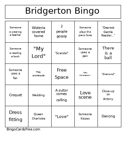 Bridgerton Bingo Card