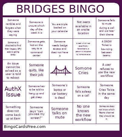 Bridges Bingo Card