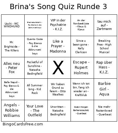 Brina's Song Quiz Runde 3 Bingo Card