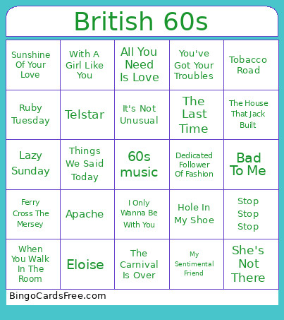British 60s Bingo Card