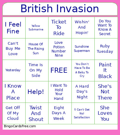 British Invasion Bingo Card