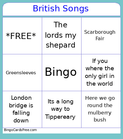 British Songs Bingo Card