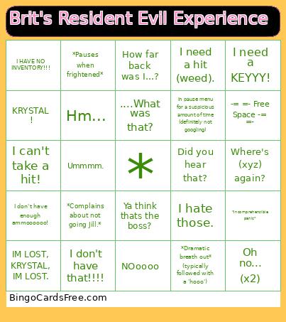 Brit's Resident Evil Experience Bingo Card