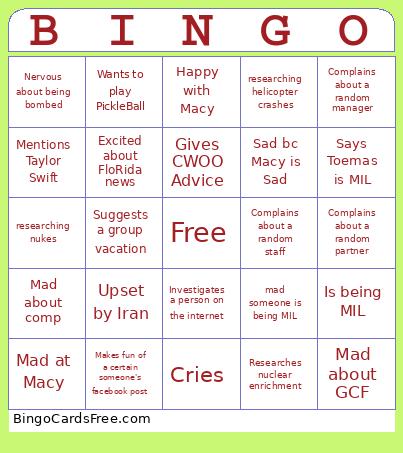 Britt's Week Bingo