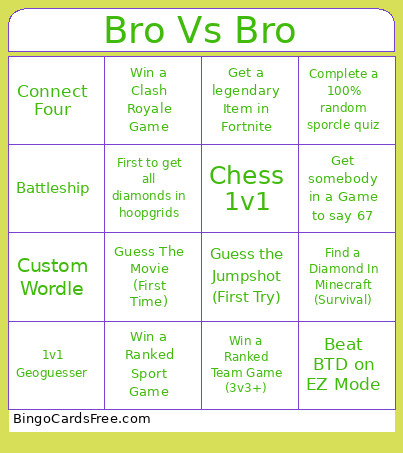 Bro Vs Bro Bingo Card
