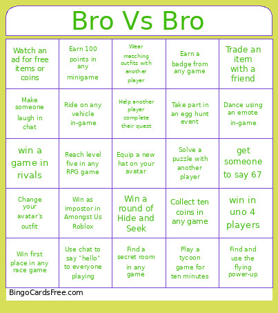 Bro Vs Bro Bingo Card