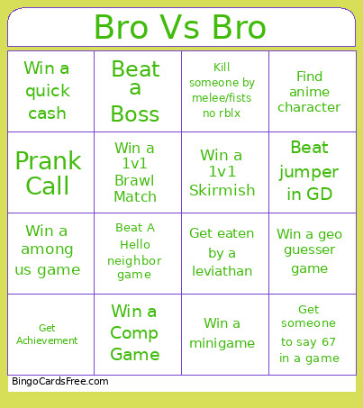 Bro Vs Bro Bingo Card 2