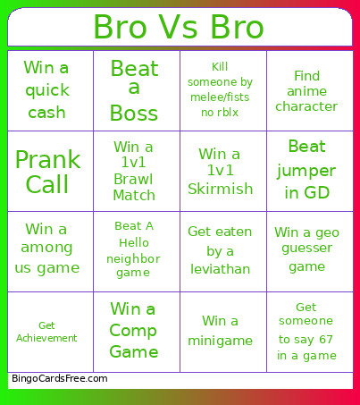 Bro Vs Bro Bingo Card