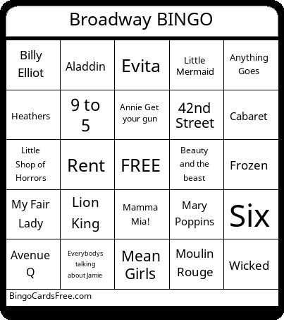 Broadway BINGO Cards Free Pdf Printable Game, Title: Broadway BINGO