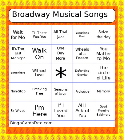 Broadway Musical Songs Bingo Card