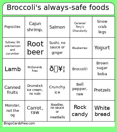 Broccoli's Always-safe Foods Bingo Card