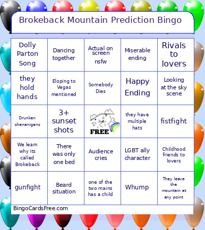 Brokeback Mountain Prediction Bingo Card