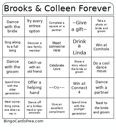 Brooks and Colleen Bingo Cards Free Pdf Printable Game, Title: Brooks & Colleen Forever