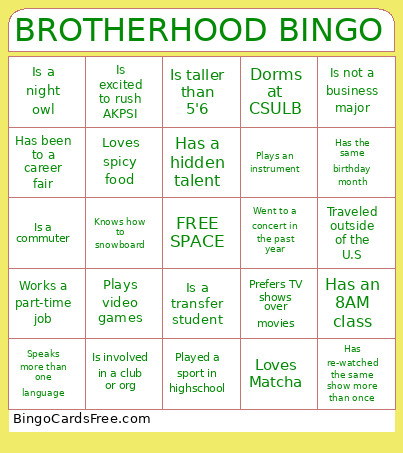 Brotherhood Bingo Card 2