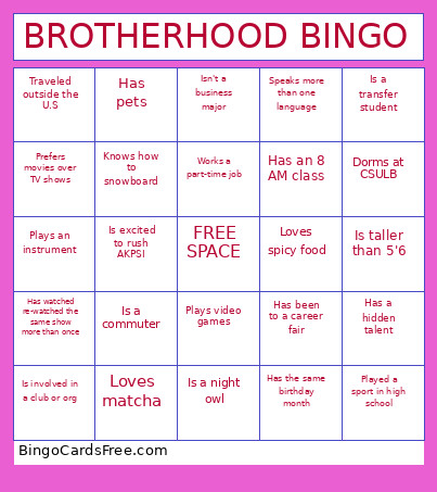 Brotherhood Bingo Card