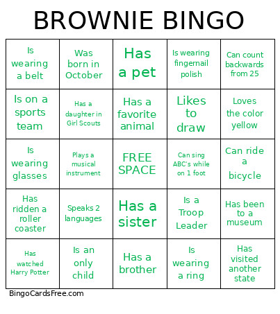 Brownie 2 Bingo Card