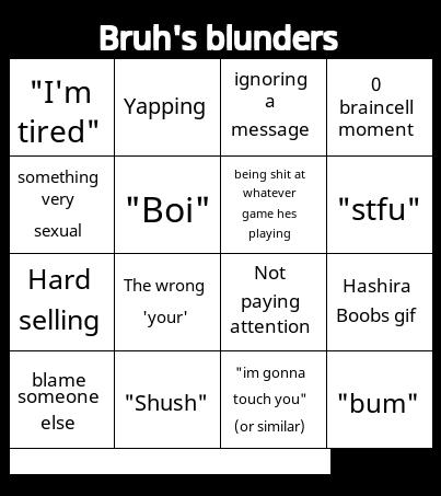 Bruh Sucks Bingo Cards Free Pdf Printable Game, Title: Bruh's blunders