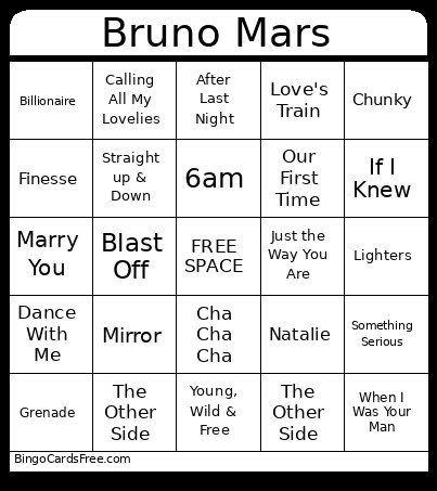 Bruno Mars Bingo Card