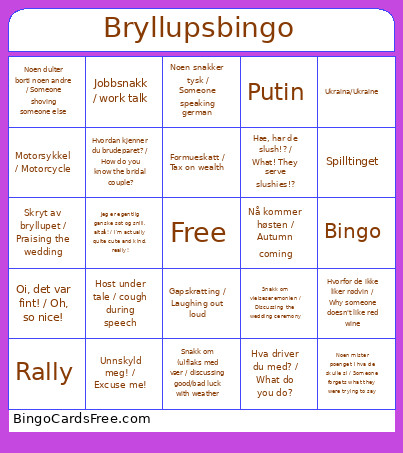 Bryllups Bingo Card