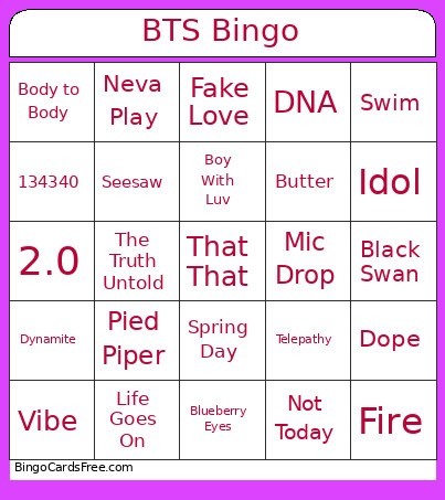 BTS Bingo Card