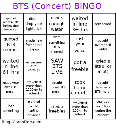 BTS In Concert 2026 Bingo Card