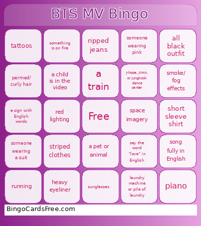 BTS MV Bingo Card