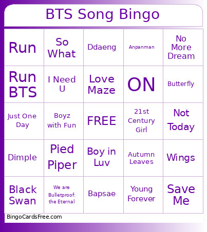 BTS Song Bingo Card