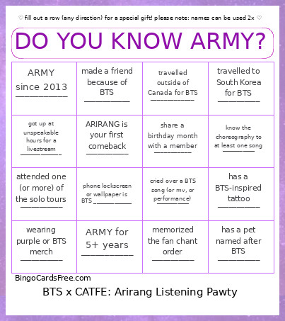 BTS X CATFE - ARMY Bingo Card