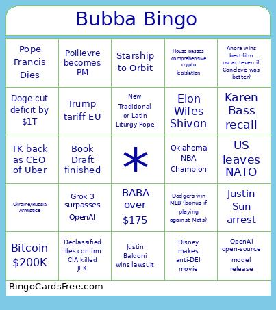 Bubba '25 Bingo Card