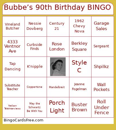 Bubbe’s 90th Birthday Bingo Card