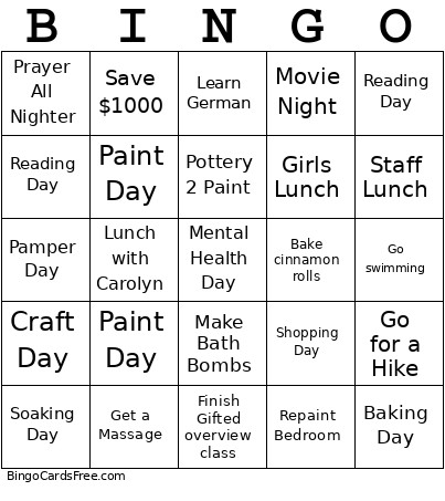 Bucket List Bingo Card