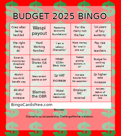 BUDGET 2025 Bingo Card