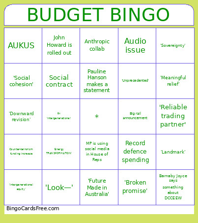 Budget Night 2026 Bingo Card