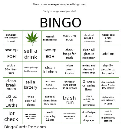 Budtender Bingo Card