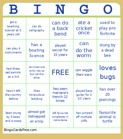 Bug Birthday Bingo Card