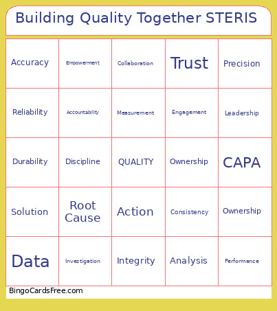 Building Quality Together STERIS Bingo Card